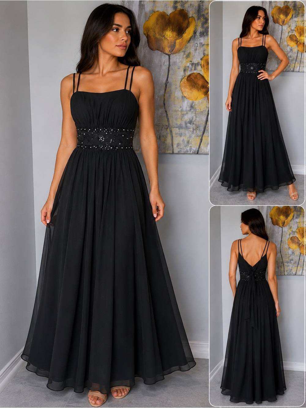 Milano Formals Black Beaded Waist Double-Strap Maxi Dress